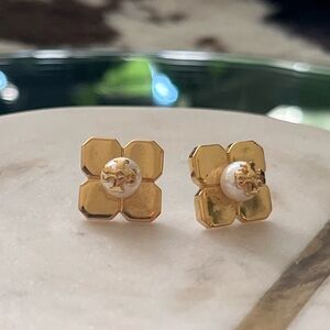 Tory Burch Gold and Pearl Floral Earrings
